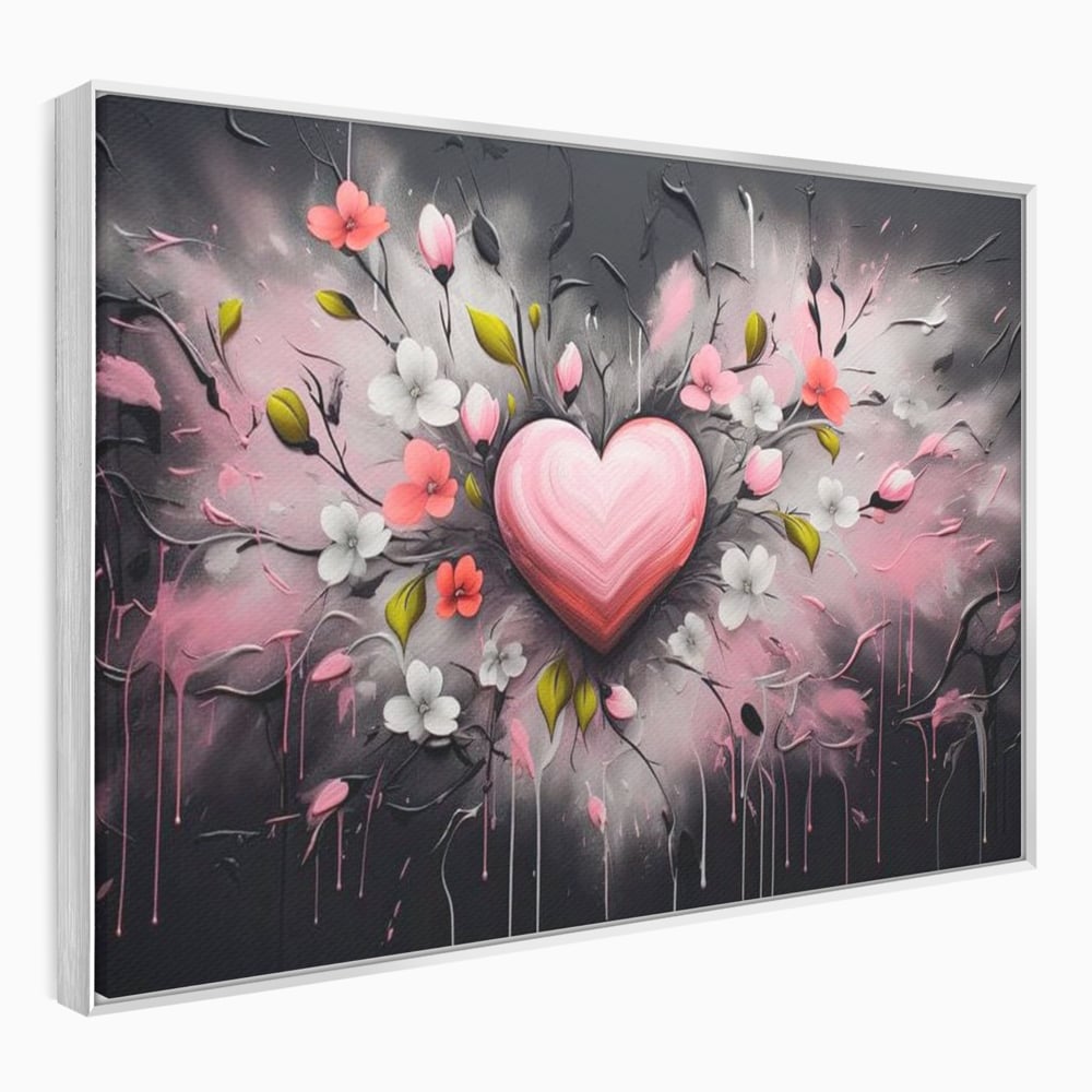 Tablou canvas cu tablou canvas cu inima roz si flori, in rama de aluminiu argintiu